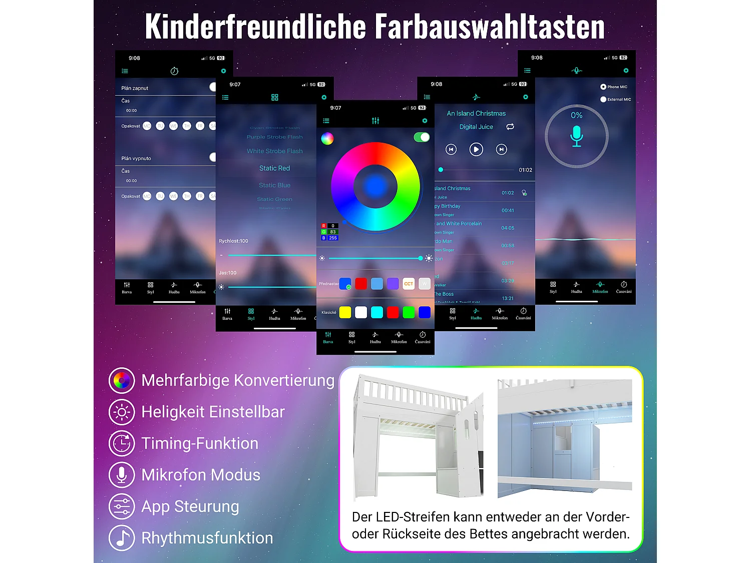 Lit mezzanine pour enfant - 90 x 200 cm - avec toboggan + barrière de sécurité + escalier de rangement + Leds - bois - blanc