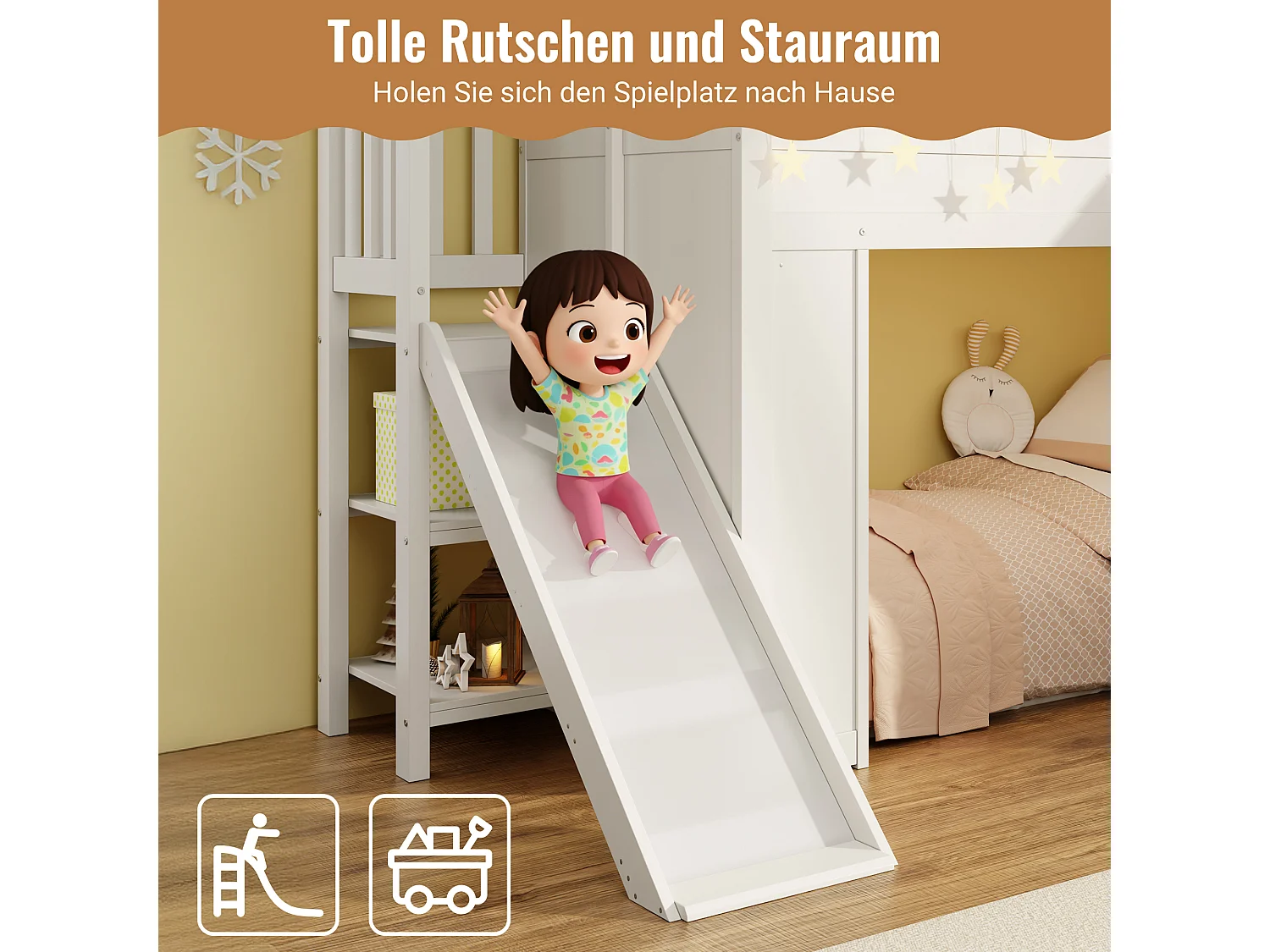 Lit mezzanine pour enfant - 90 x 200 cm - avec toboggan + barrière de sécurité + escalier de rangement + Leds - bois - blanc