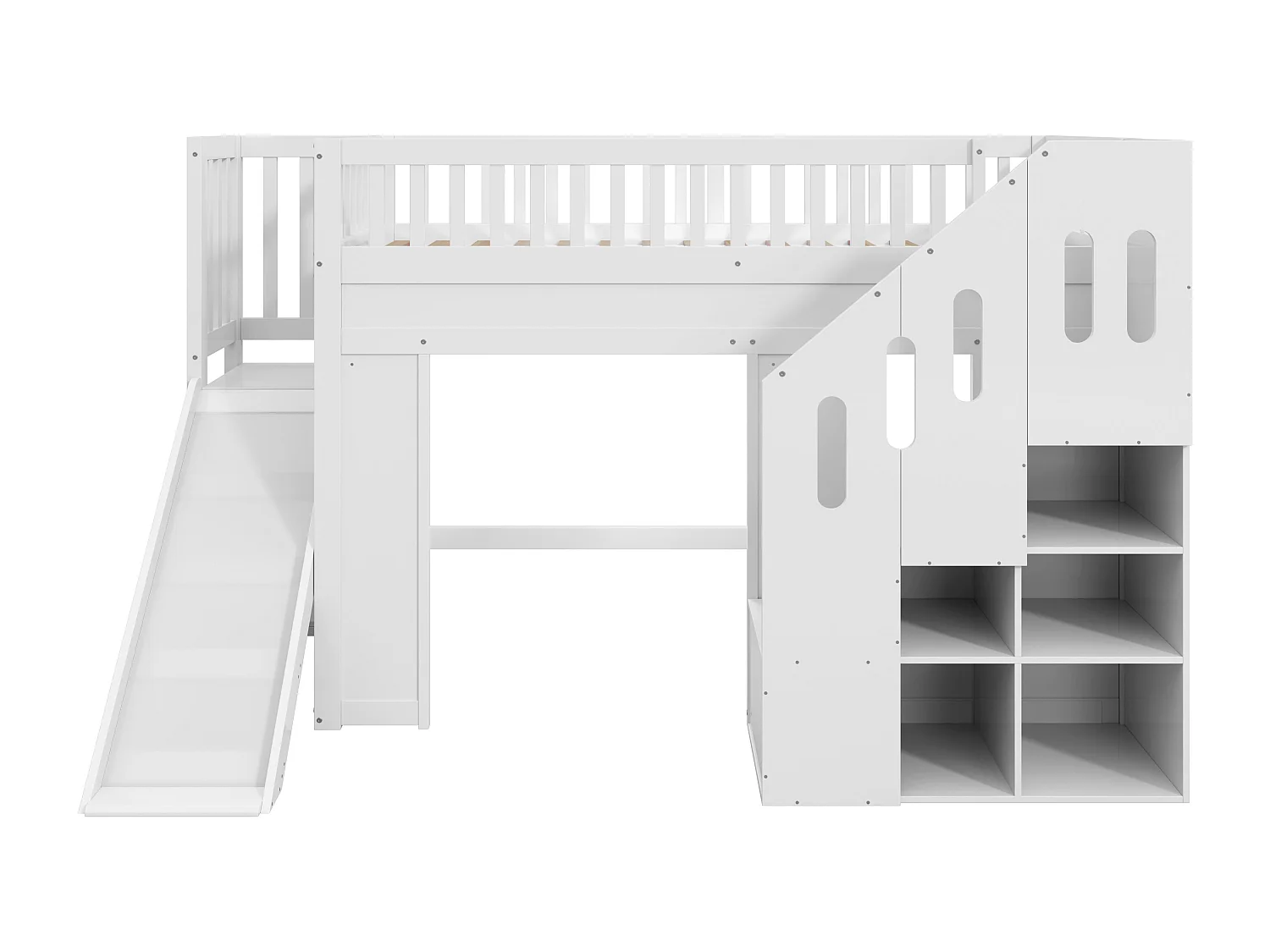 Lit mezzanine pour enfant - 90 x 200 cm - avec toboggan + barrière de sécurité + escalier de rangement + Leds - bois - blanc