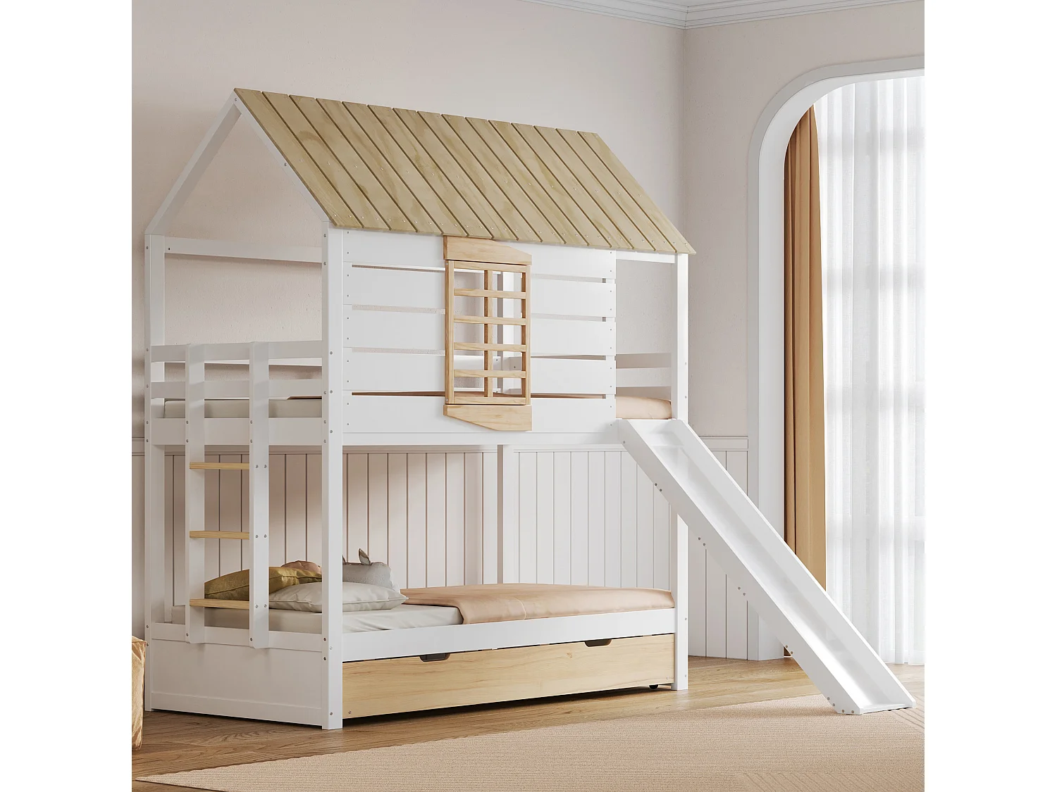 Lit superposés en forme de maison - 2 x 90 x 200 cm - avec toboggan + lit gigogne 90 x 190 cm - MDF+ bois - blanc et naturel