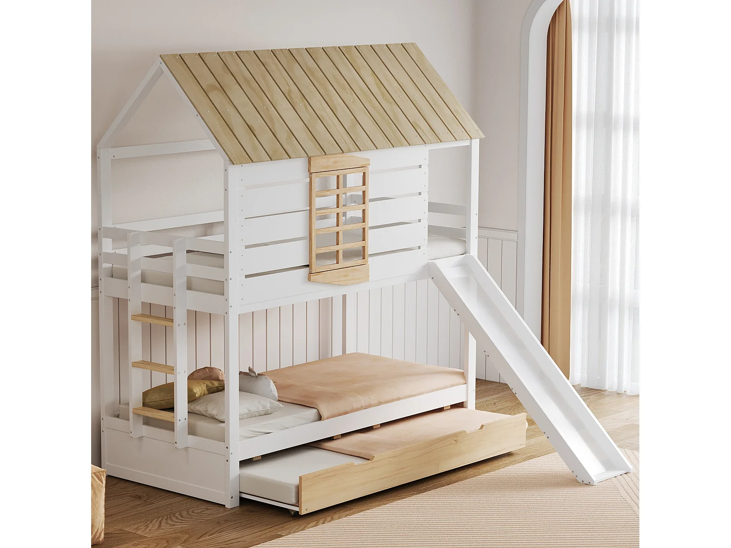 Lit superposés en forme de maison - 2 x 90 x 200 cm - avec toboggan + lit gigogne 90 x 190 cm - MDF+ bois - blanc et naturel