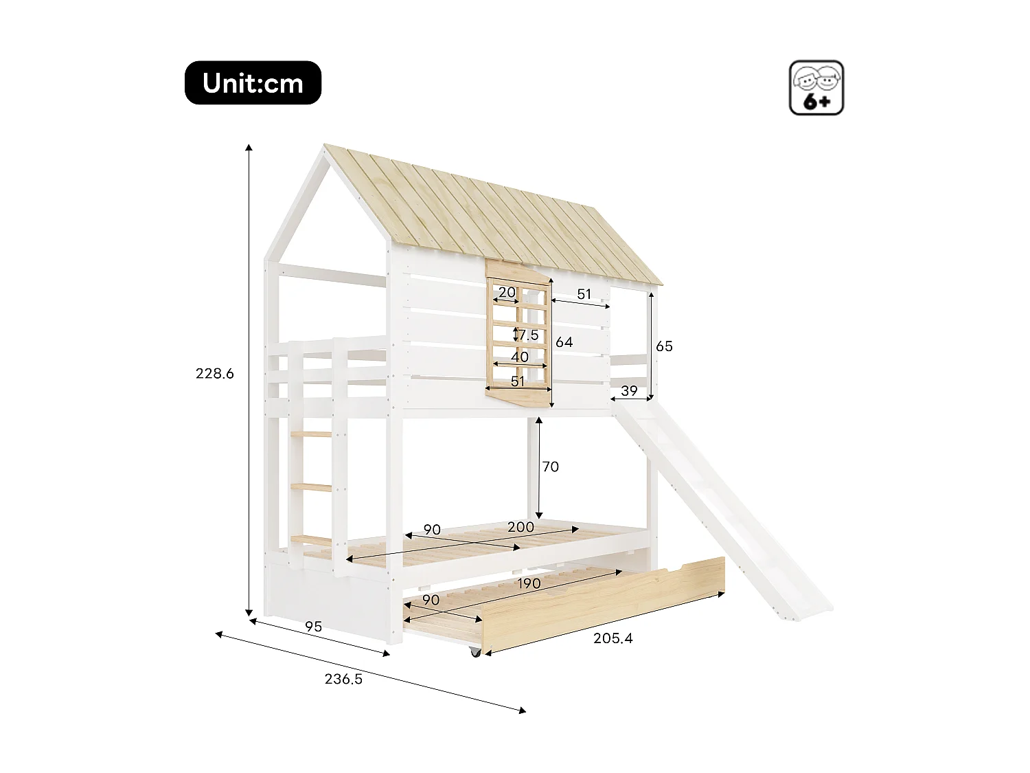 Lit superposés en forme de maison - 2 x 90 x 200 cm - avec toboggan + lit gigogne 90 x 190 cm - MDF+ bois - blanc et naturel