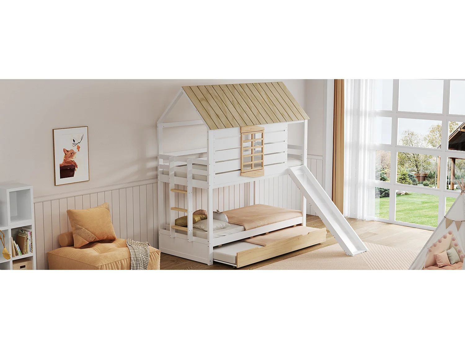 Lit superposés en forme de maison - 2 x 90 x 200 cm - avec toboggan + lit gigogne 90 x 190 cm - MDF+ bois - blanc et naturel