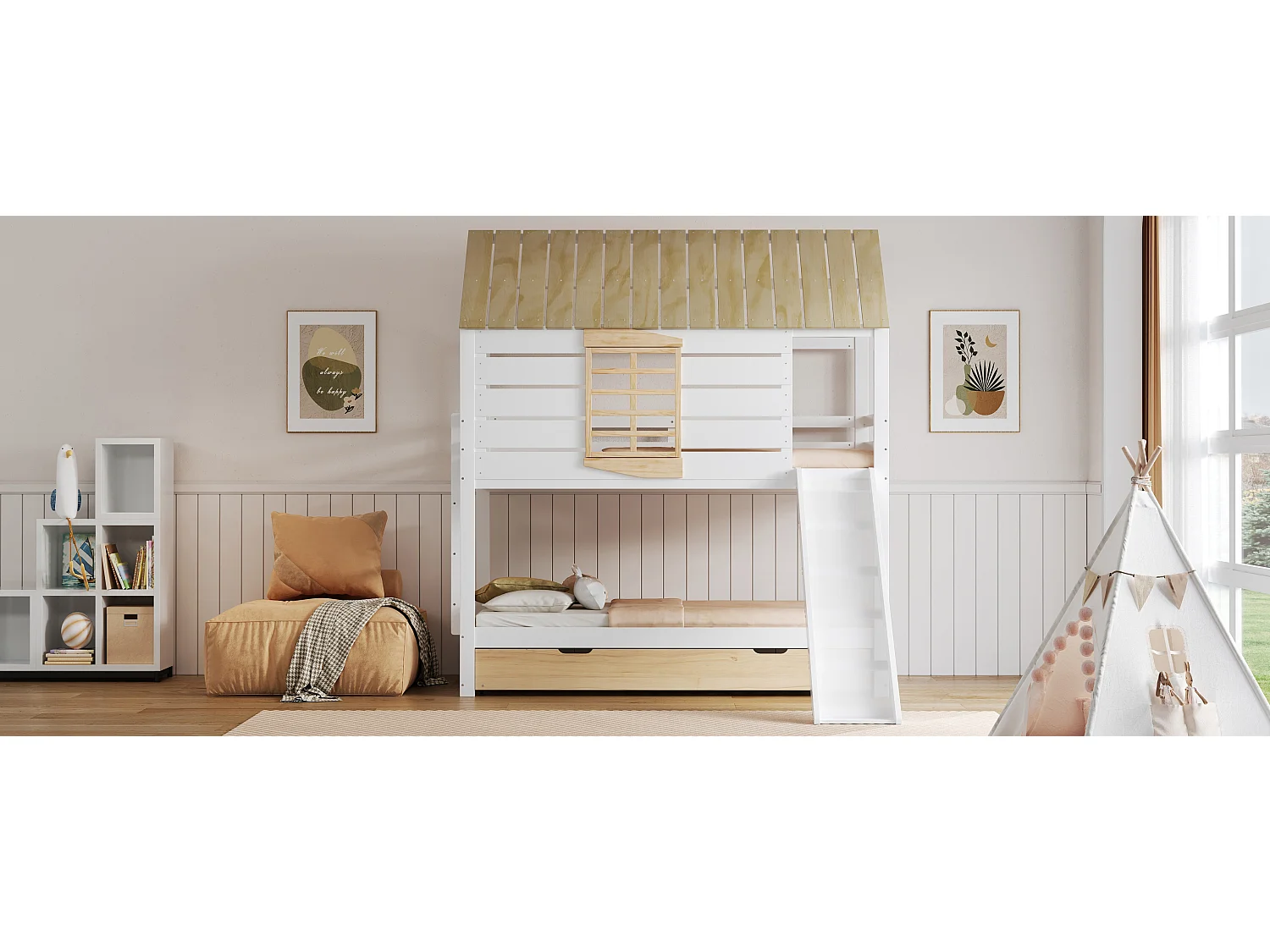 Lit superposés en forme de maison - 2 x 90 x 200 cm - avec toboggan + lit gigogne 90 x 190 cm - MDF+ bois - blanc et naturel