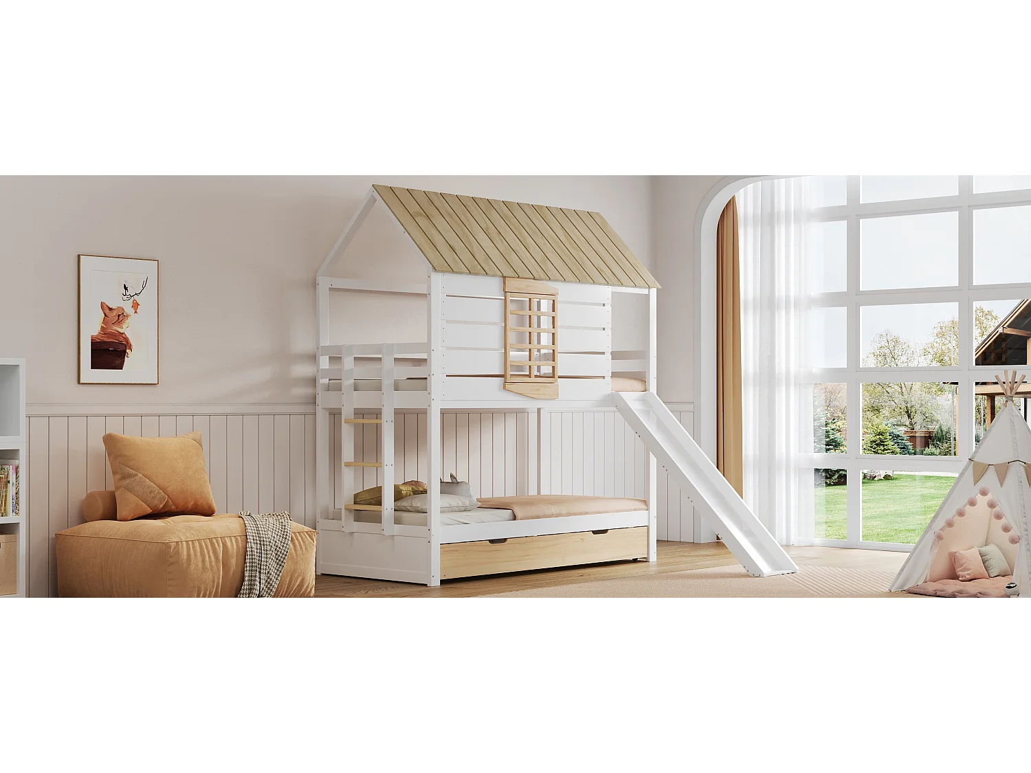 Lit superposés en forme de maison - 2 x 90 x 200 cm - avec toboggan + lit gigogne 90 x 190 cm - MDF+ bois - blanc et naturel