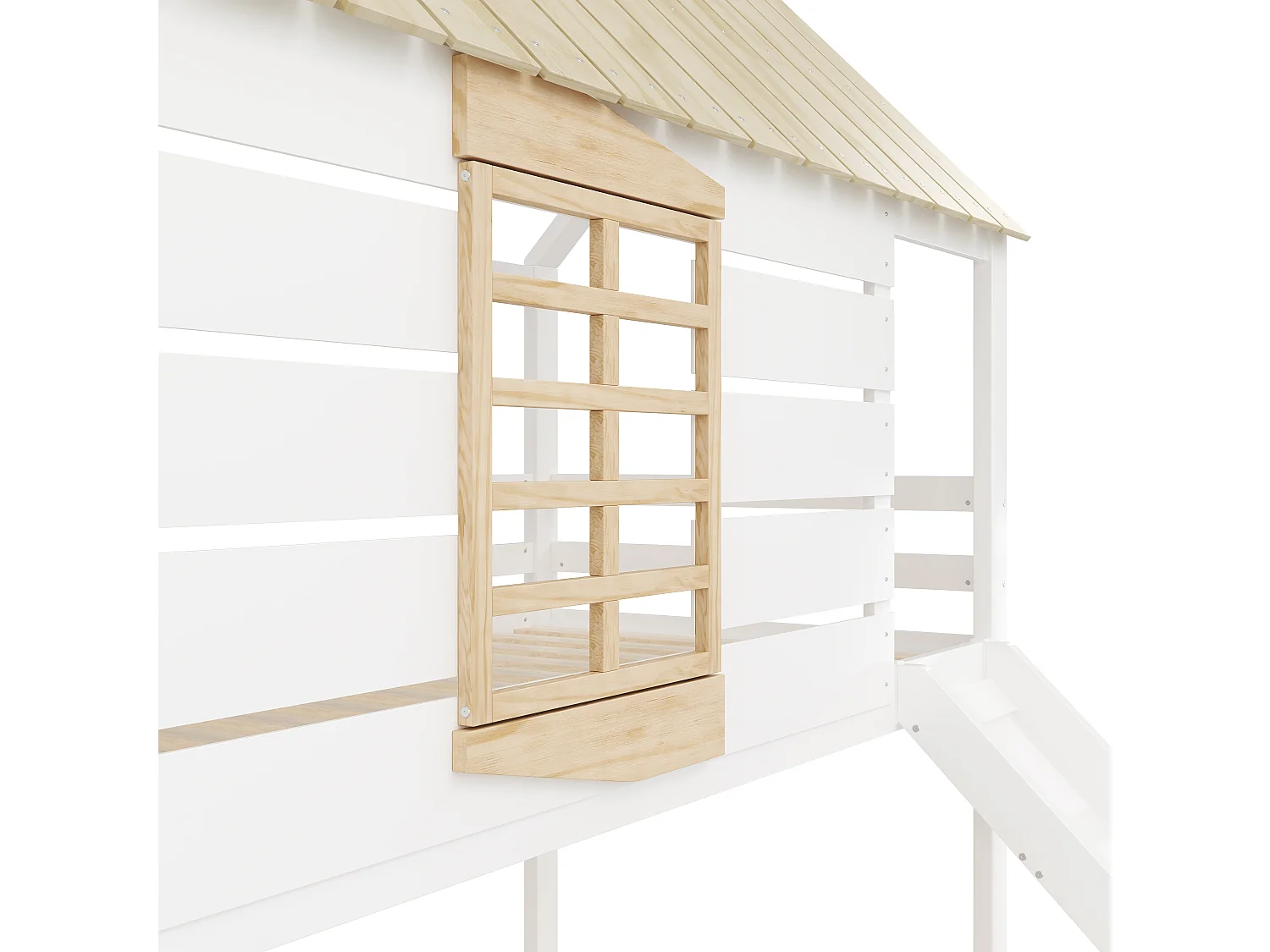 Lit superposés en forme de maison - 2 x 90 x 200 cm - avec toboggan + lit gigogne 90 x 190 cm - MDF+ bois - blanc et naturel