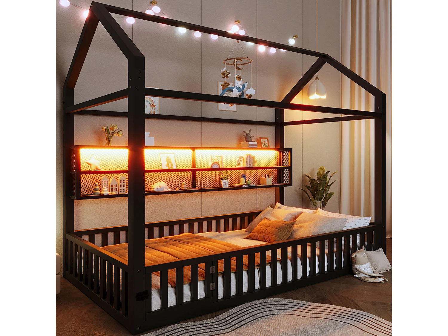 Lit plateforme en forme de maison pour enfant - 90 x 200 cm - avec barrière + Leds + rangement - métal - noir