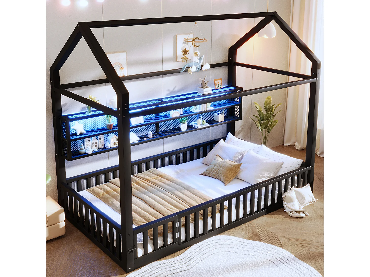 Lit plateforme en forme de maison pour enfant - 90 x 200 cm - avec barrière + Leds + rangement - métal - noir