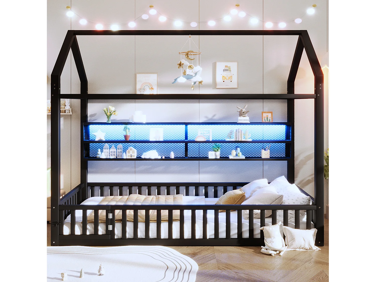 Lit plateforme en forme de maison pour enfant - 90 x 200 cm - avec barrière + Leds + rangement - métal - noir