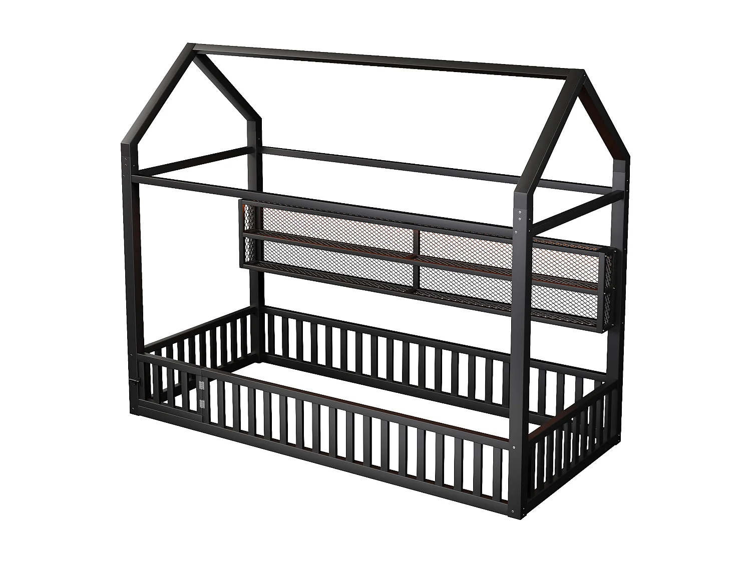 Lit plateforme en forme de maison pour enfant - 90 x 200 cm - avec barrière + Leds + rangement - métal - noir