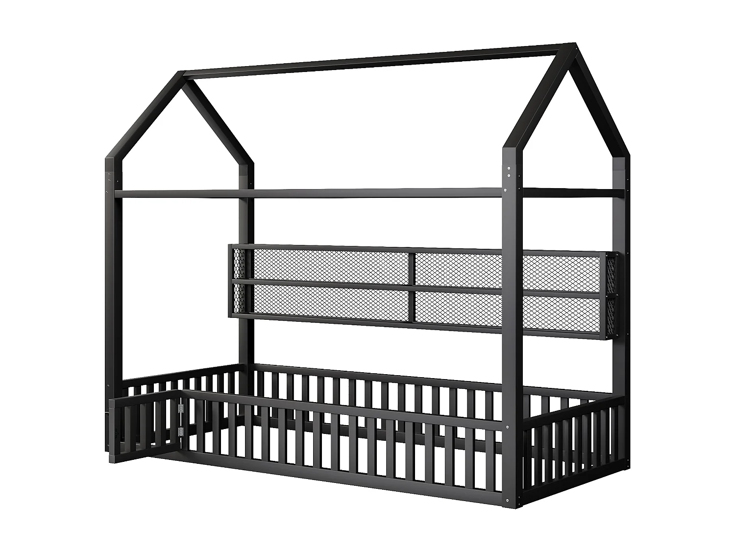 Lit plateforme en forme de maison pour enfant - 90 x 200 cm - avec barrière + Leds + rangement - métal - noir