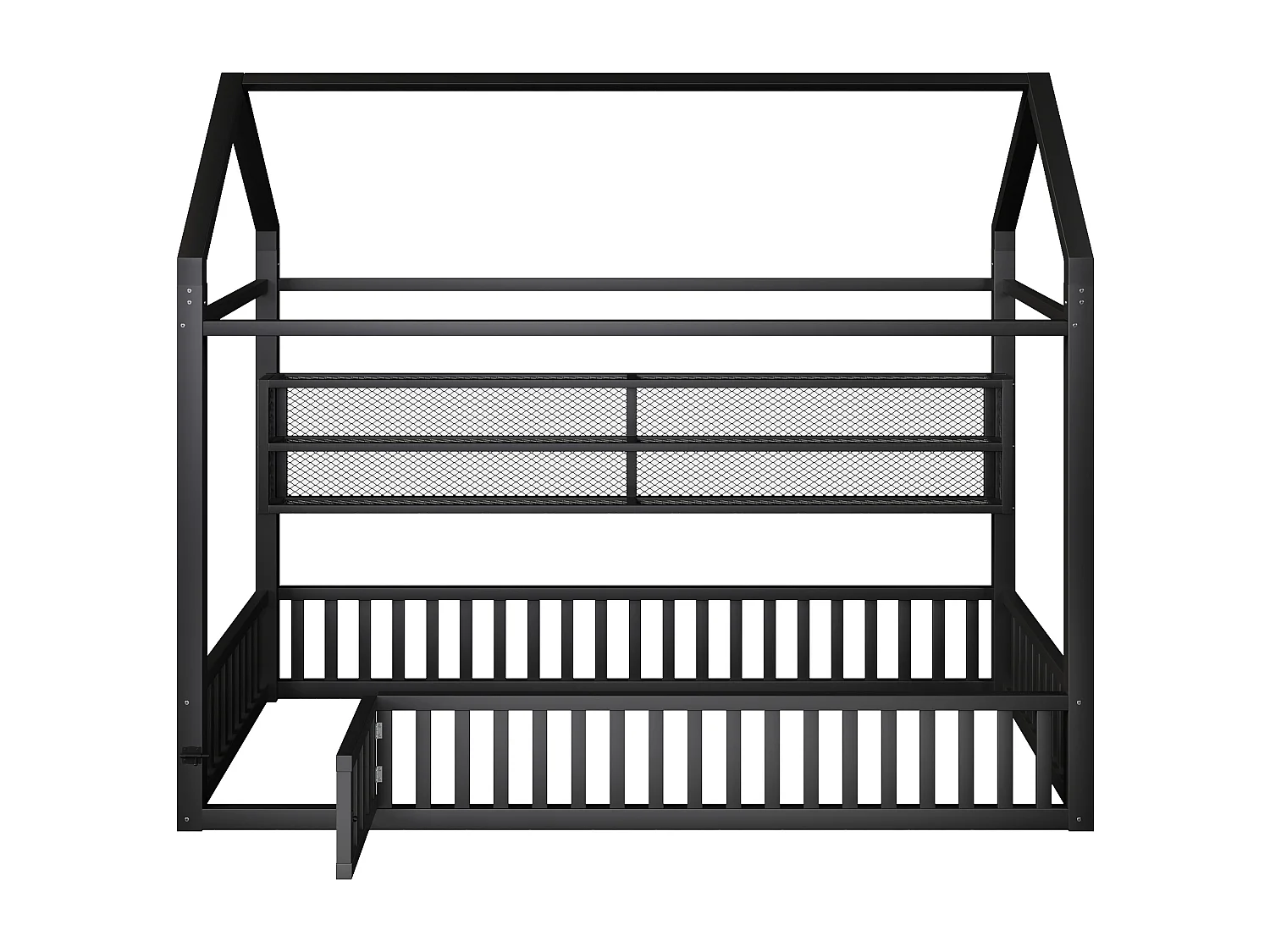Lit plateforme en forme de maison pour enfant - 90 x 200 cm - avec barrière + Leds + rangement - métal - noir