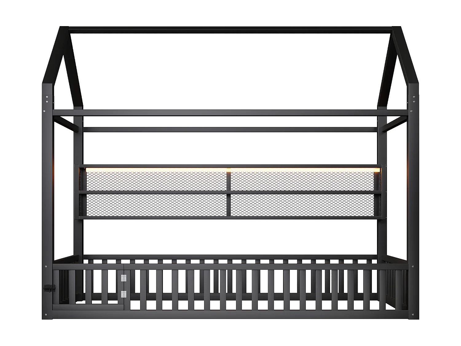 Lit plateforme en forme de maison pour enfant - 90 x 200 cm - avec barrière + Leds + rangement - métal - noir