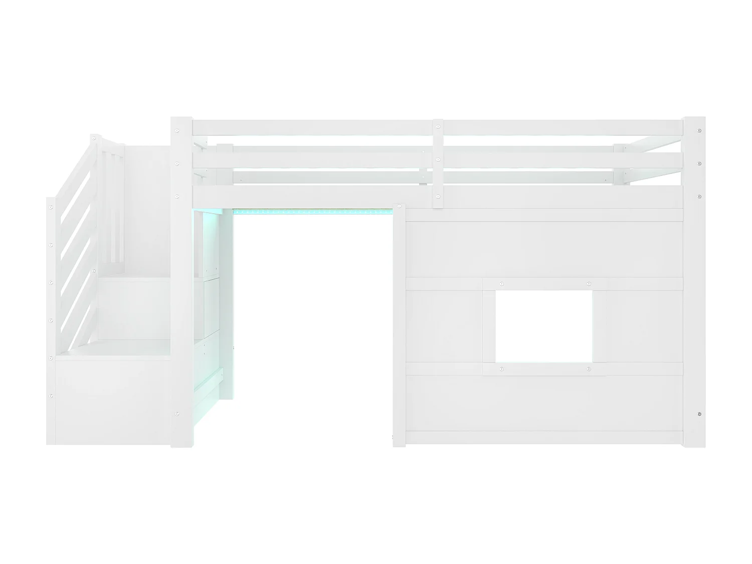 Lit mezzanine pour enfant - 90 x 200 - avec escalier de rangement + fenêtre - MDF + bois - blanc