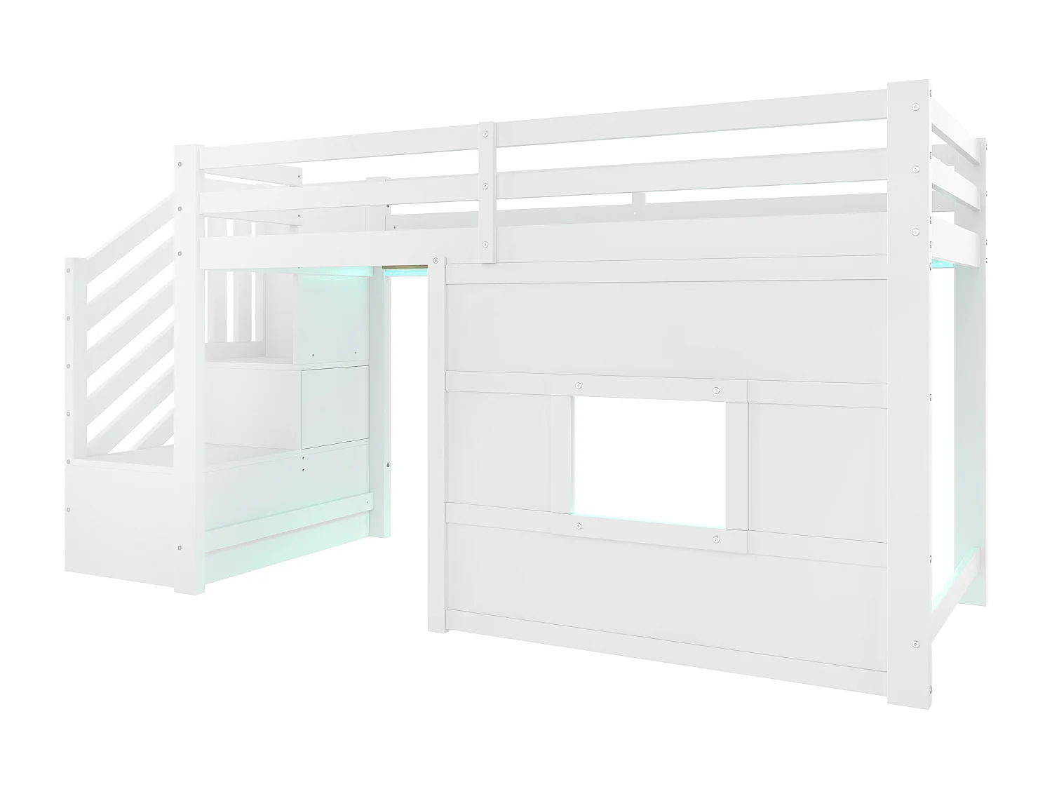 Lit mezzanine pour enfant - 90 x 200 - avec escalier de rangement + fenêtre - MDF + bois - blanc