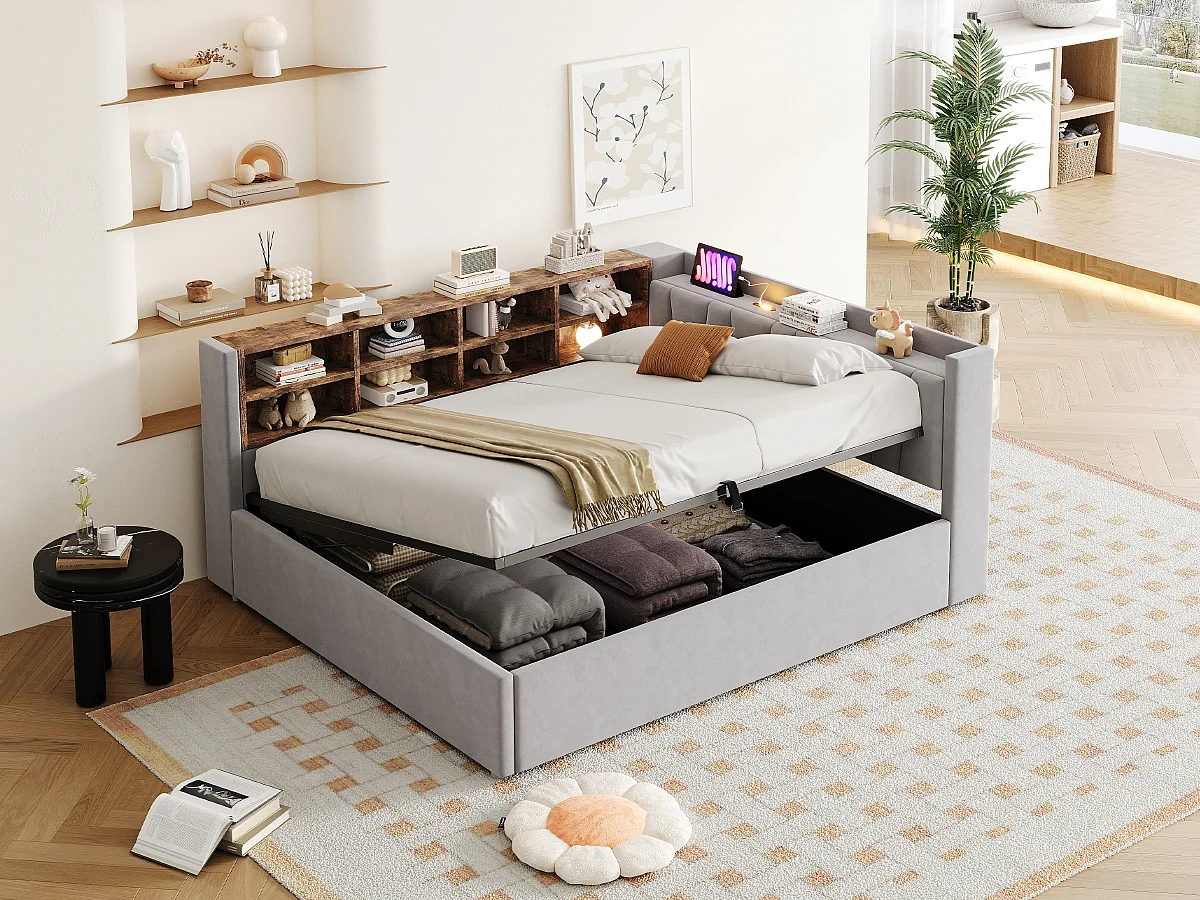 Canapé-lit capitonné - 140 x 200 cm - avec rangement hydraulique + USB + étagères de rangement - velours - gris