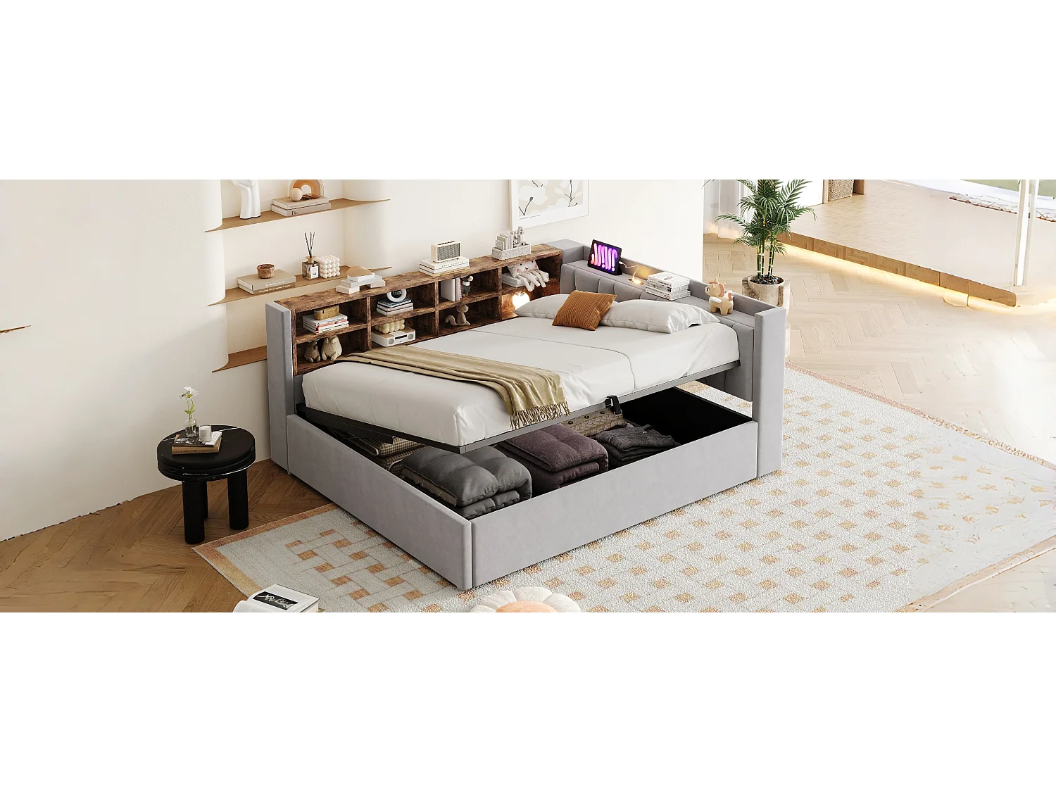 Canapé-lit capitonné - 140 x 200 cm - avec rangement hydraulique + USB + étagères de rangement - velours - gris