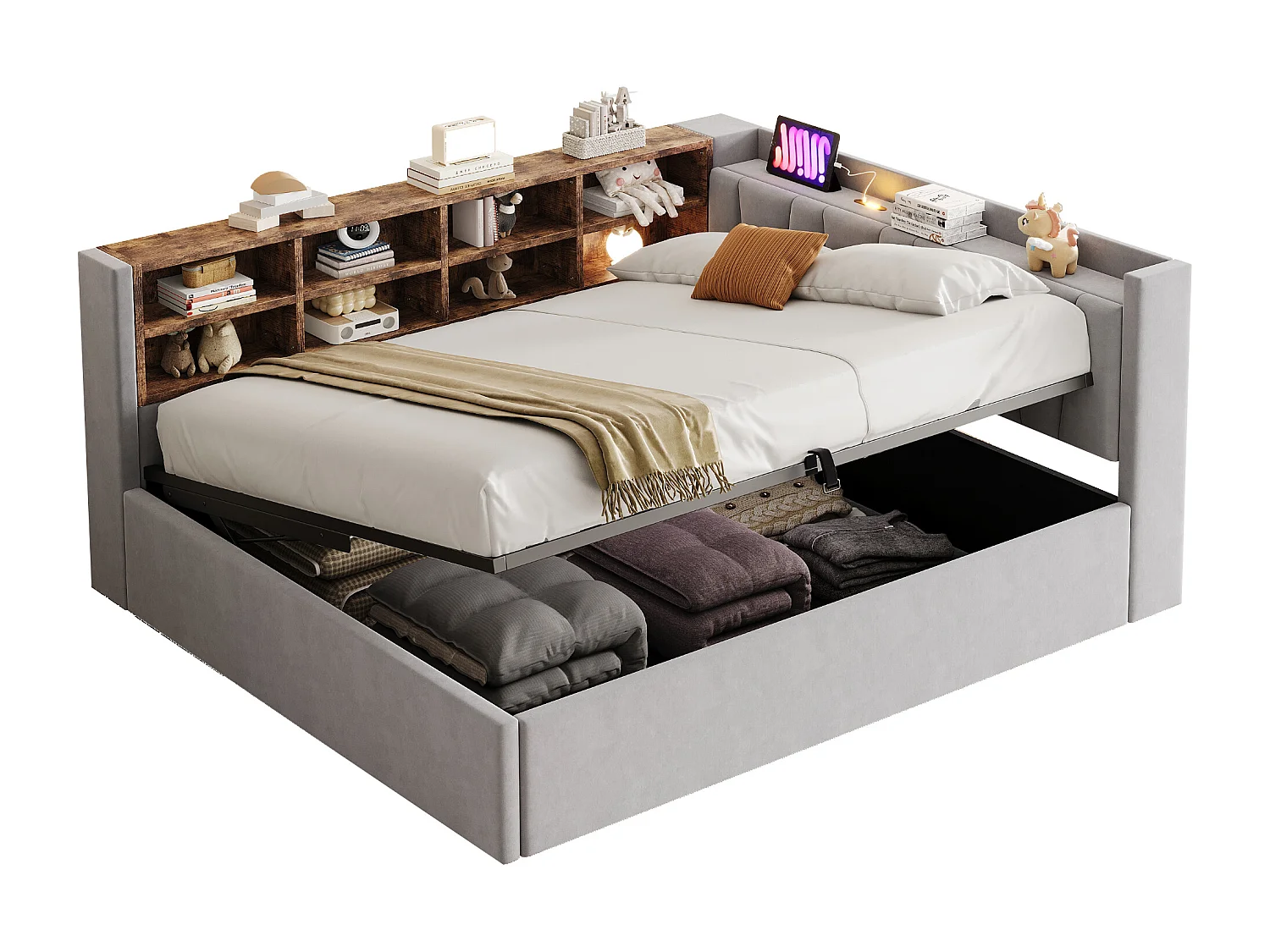 Canapé-lit capitonné - 140 x 200 cm - avec rangement hydraulique + USB + étagères de rangement - velours - gris