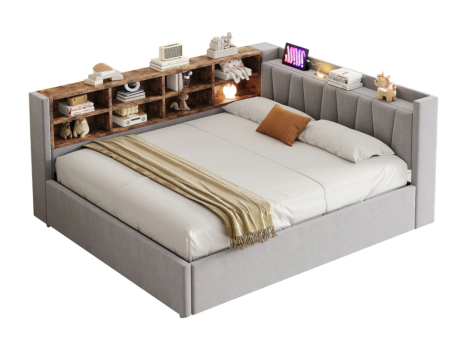 Canapé-lit capitonné - 140 x 200 cm - avec rangement hydraulique + USB + étagères de rangement - velours - gris