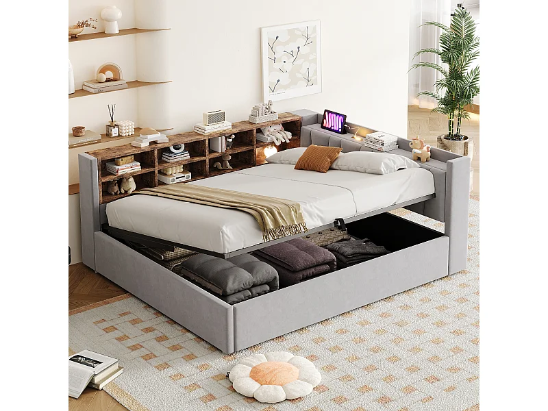 Canapé-lit capitonné - 140 x 200 cm - avec rangement hydraulique + USB + étagères de rangement - velours - gris