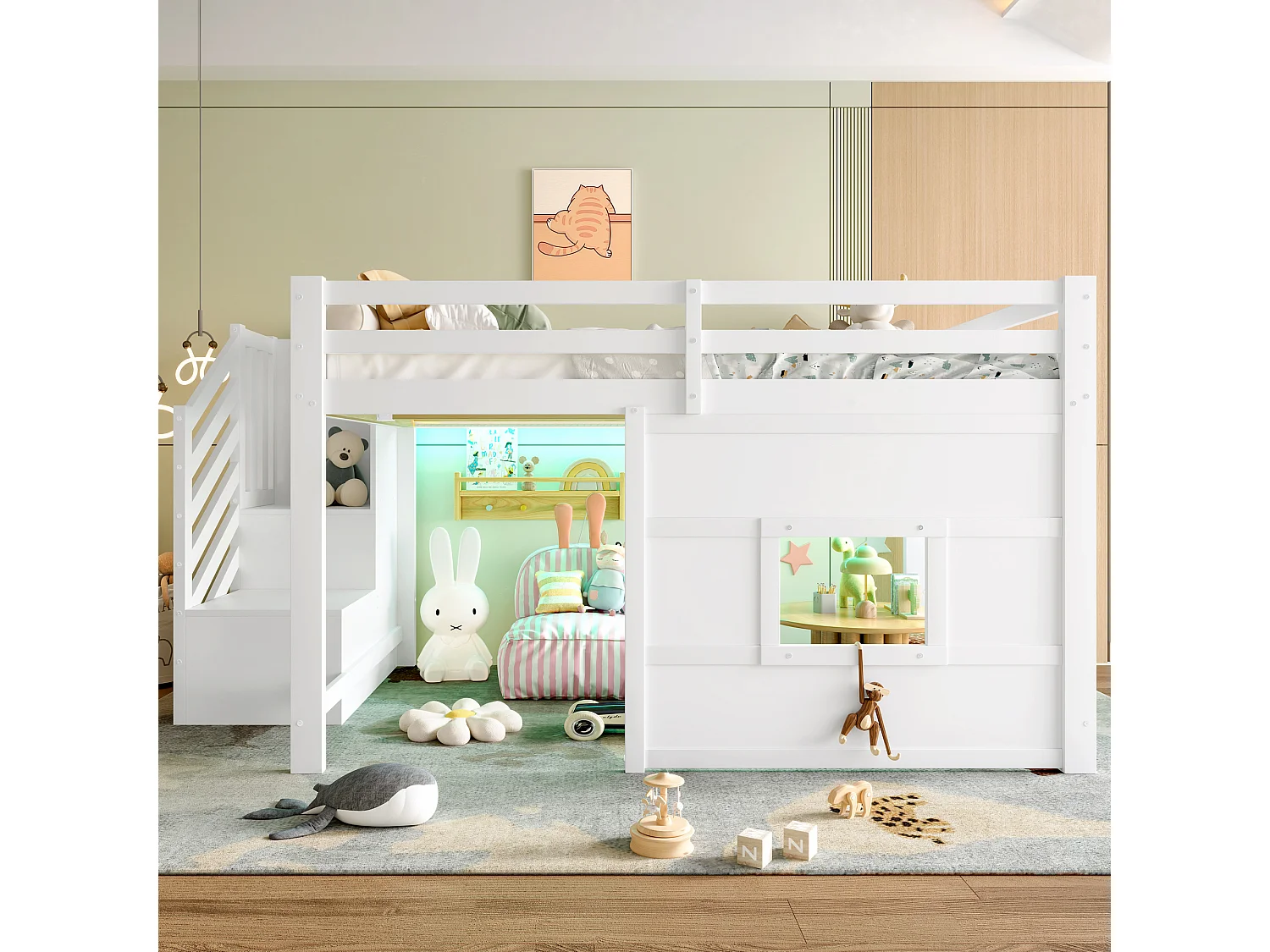 Lit mezzanine pour enfant - 140 x 200 - avec escalier de rangement + fenêtre - MDF + bois - blanc