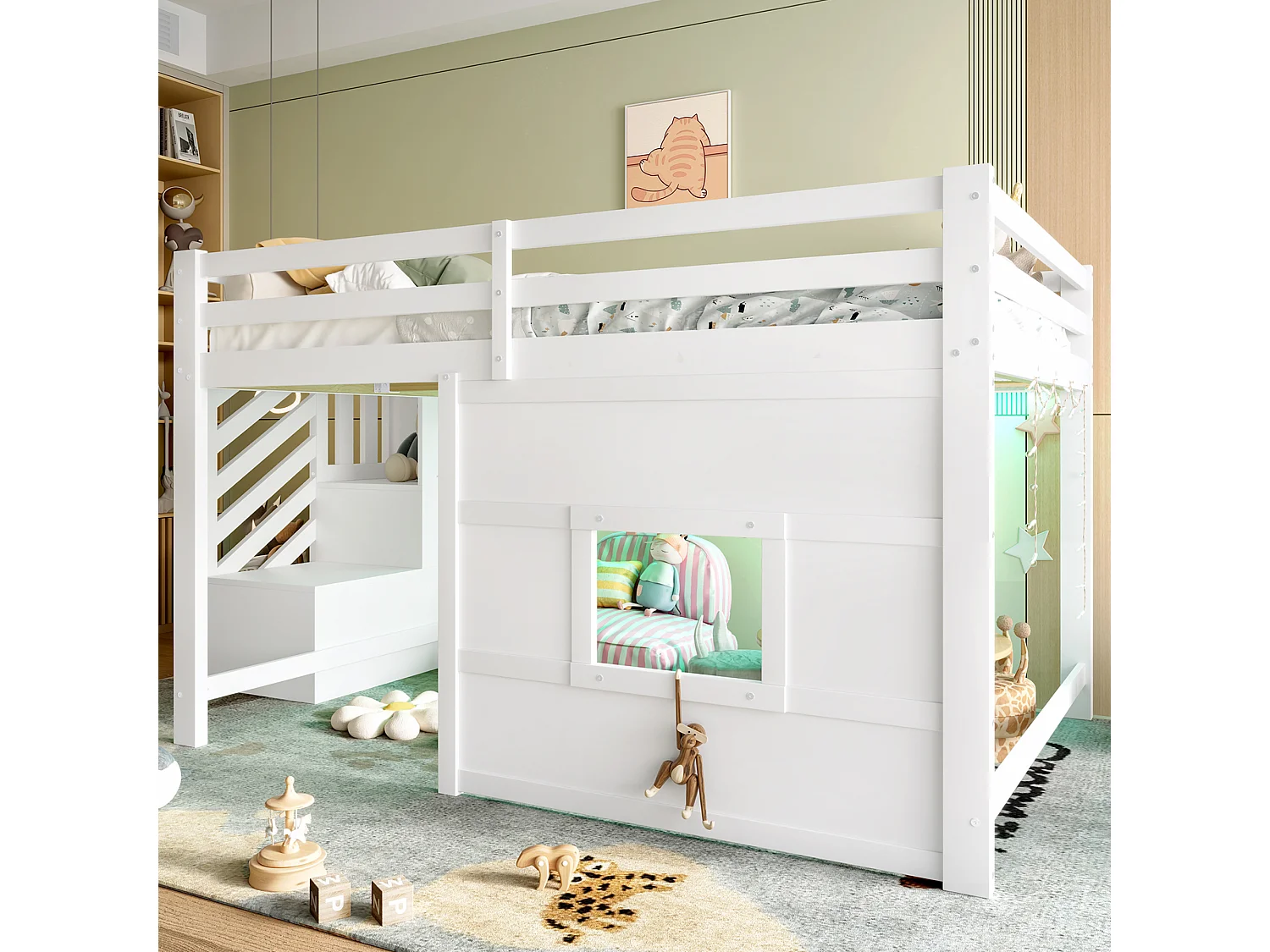 Lit mezzanine pour enfant - 140 x 200 - avec escalier de rangement + fenêtre - MDF + bois - blanc