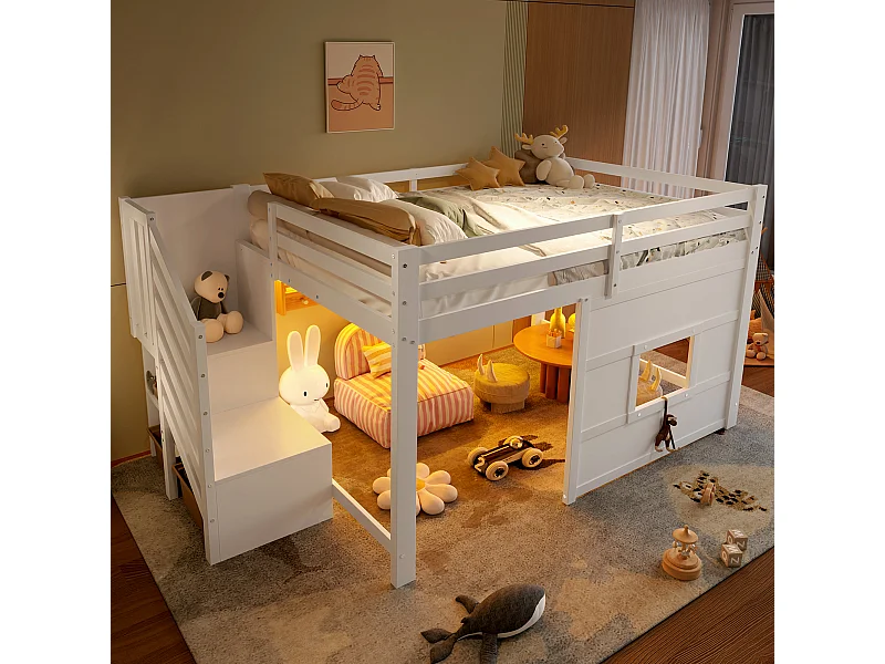 Lit mezzanine pour enfant - 140 x 200 - avec escalier de rangement + fenêtre - MDF + bois - blanc