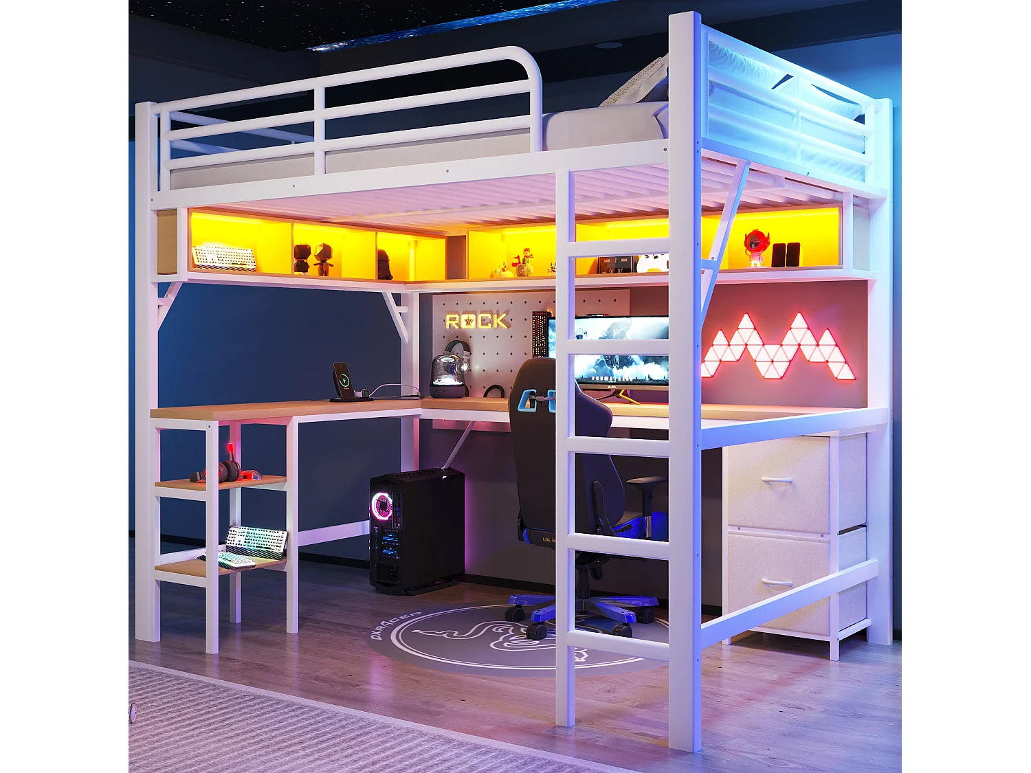 Lit mezzanine en métal pour enfant - 140 x 200 cm - avec bibliothèque + bureau + armoire + USB + Leds - blanc