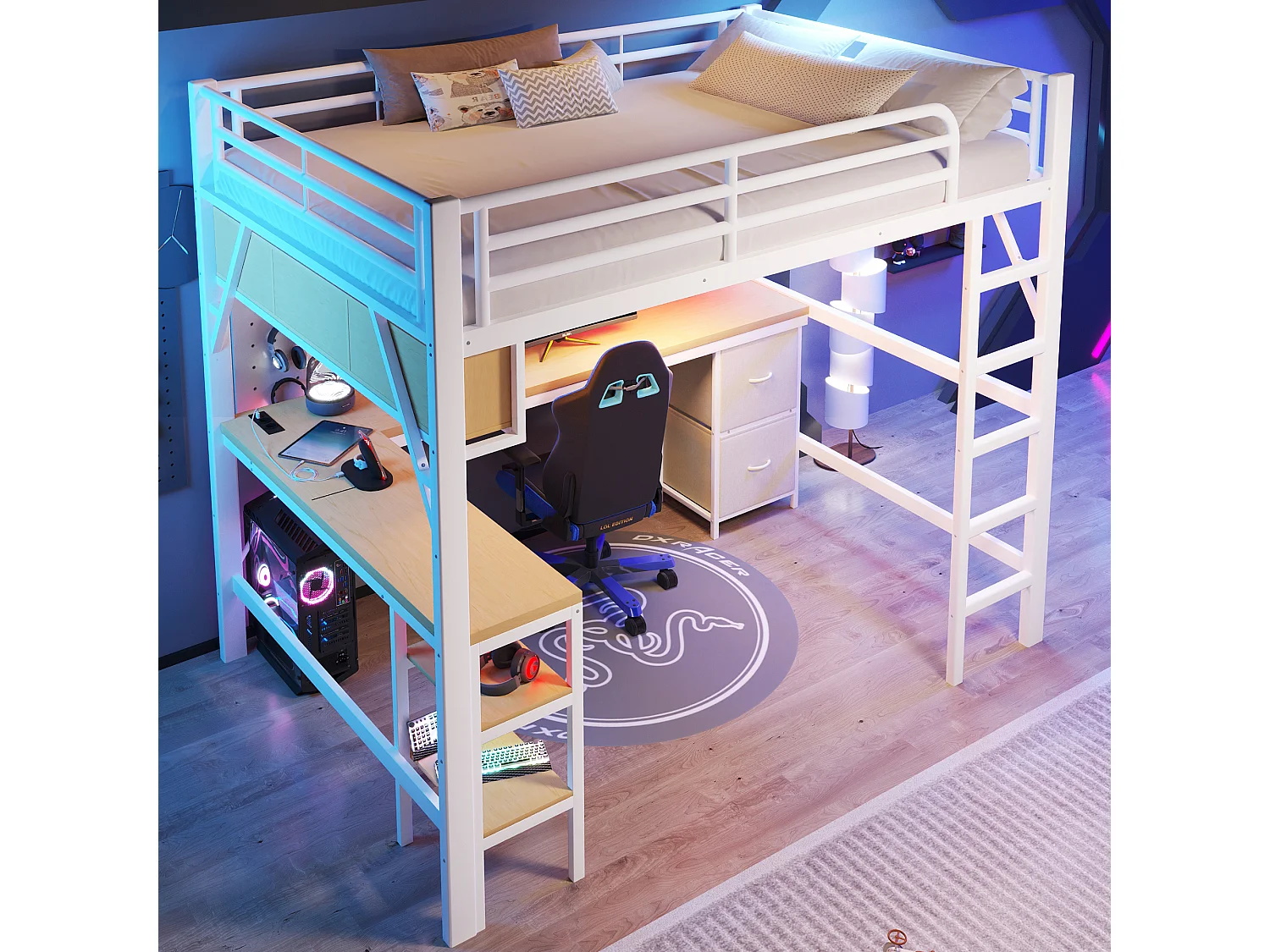 Lit mezzanine en métal pour enfant - 140 x 200 cm - avec bibliothèque + bureau + armoire + USB + Leds - blanc