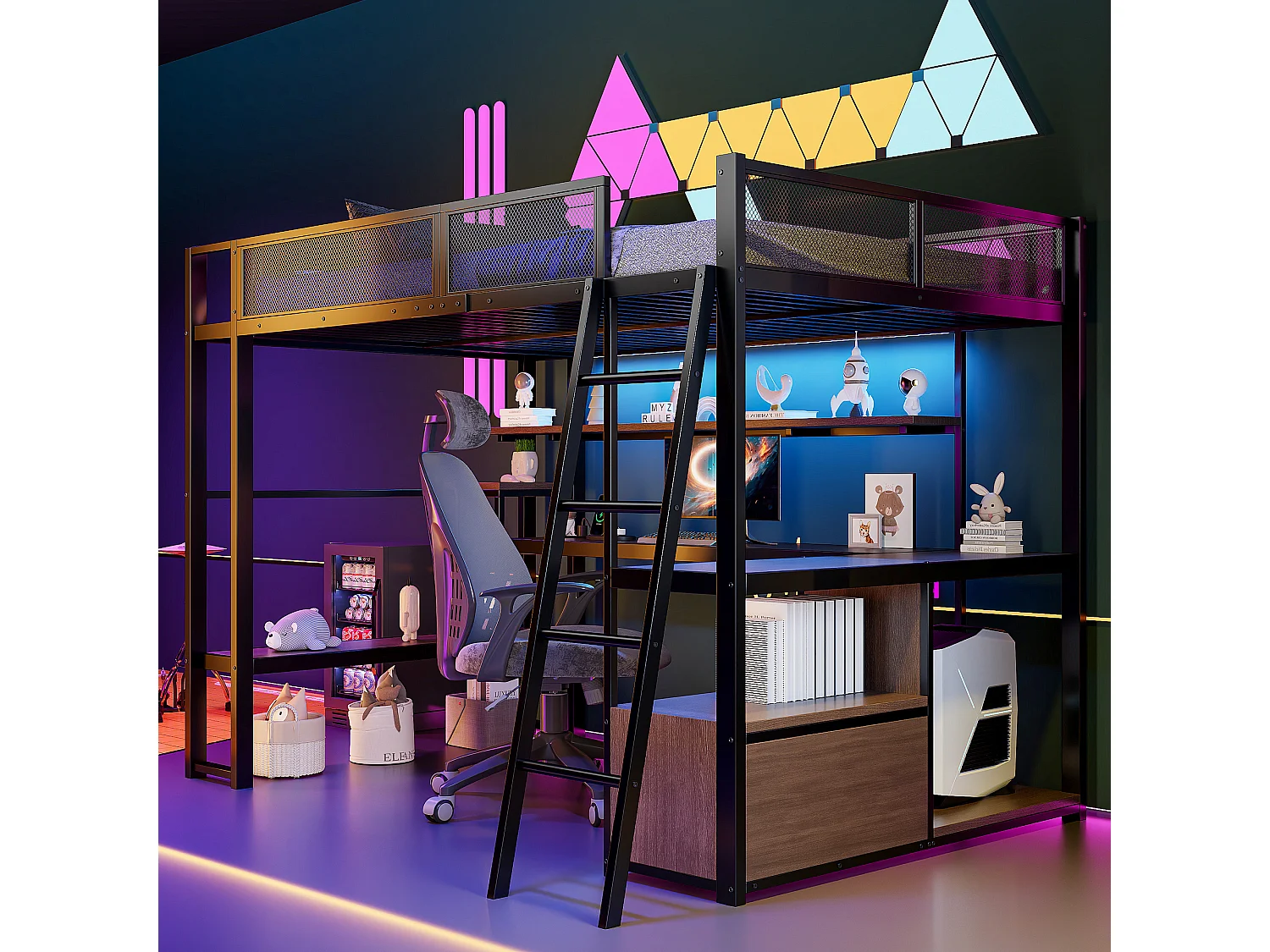 Lit mezzanine en métal pour enfant - 140 x 200 cm - avec bureau intégré + Leds + rangements - noir