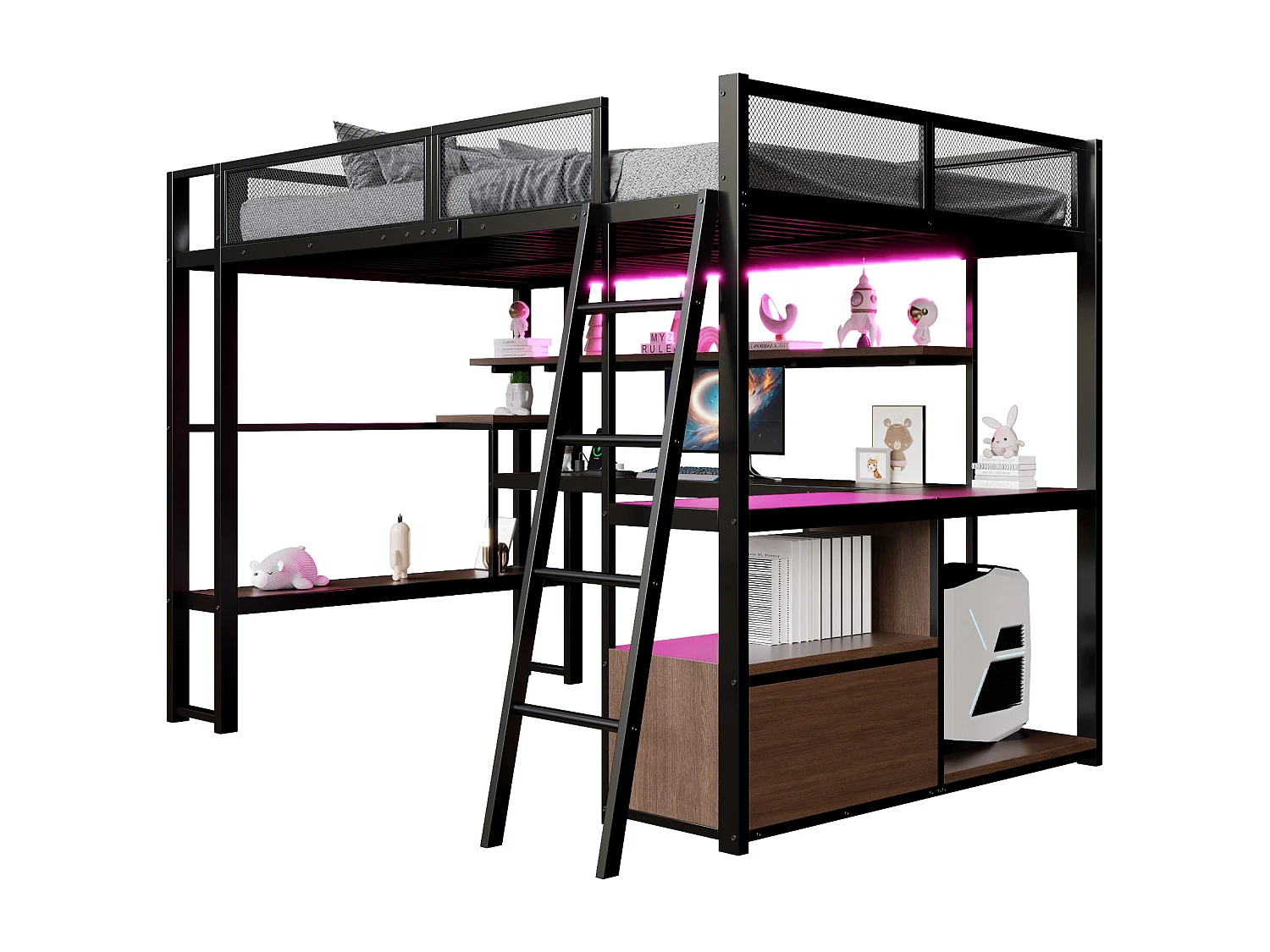 Lit mezzanine en métal pour enfant - 140 x 200 cm - avec bureau intégré + Leds + rangements - noir