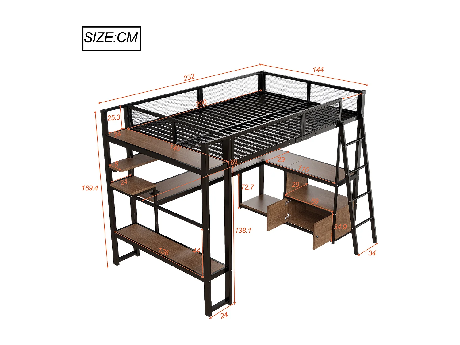 Lit mezzanine en métal pour enfant - 140 x 200 cm - avec bureau intégré + Leds + rangements - noir