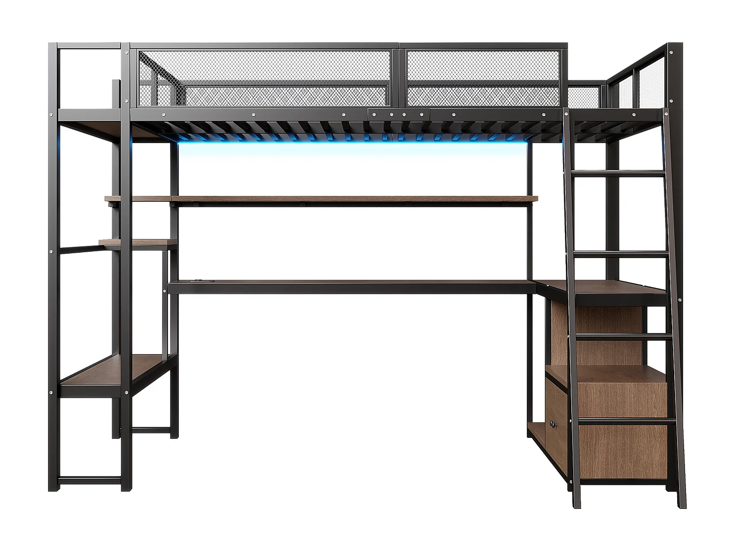 Lit mezzanine en métal pour enfant - 140 x 200 cm - avec bureau intégré + Leds + rangements - noir
