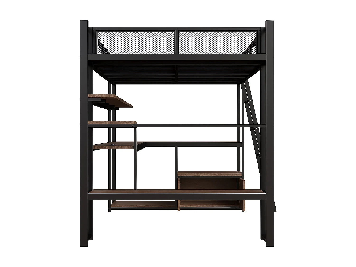 Lit mezzanine en métal pour enfant - 140 x 200 cm - avec bureau intégré + Leds + rangements - noir