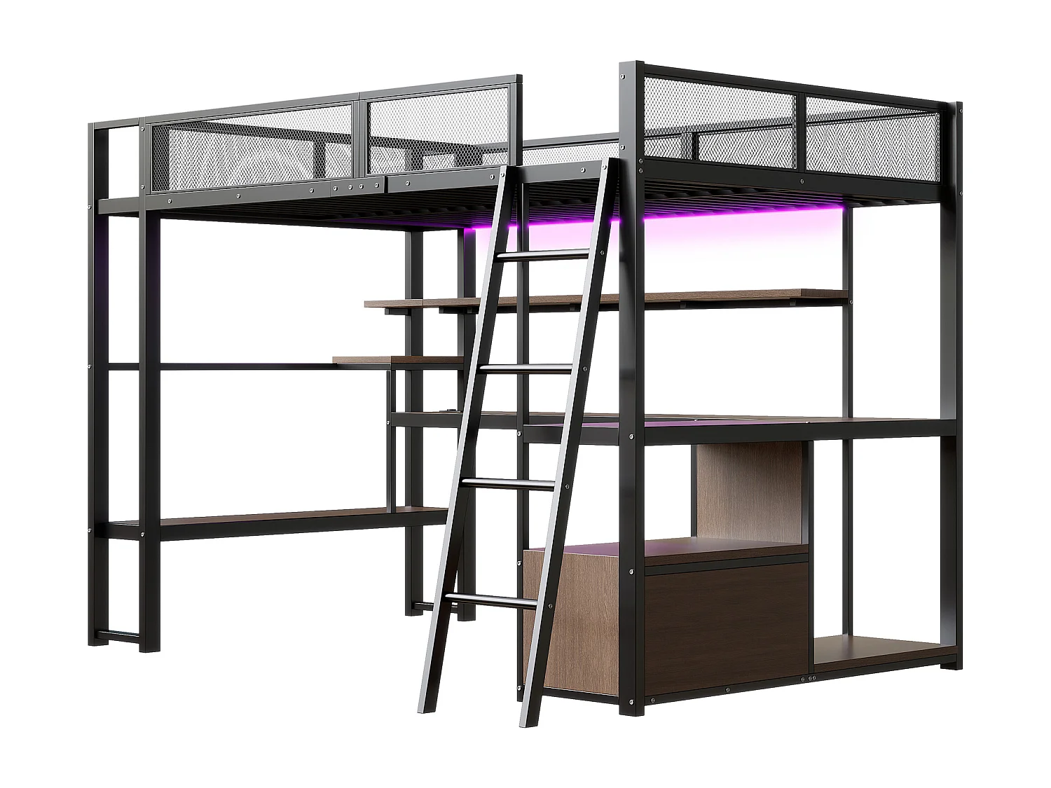 Lit mezzanine en métal pour enfant - 140 x 200 cm - avec bureau intégré + Leds + rangements - noir