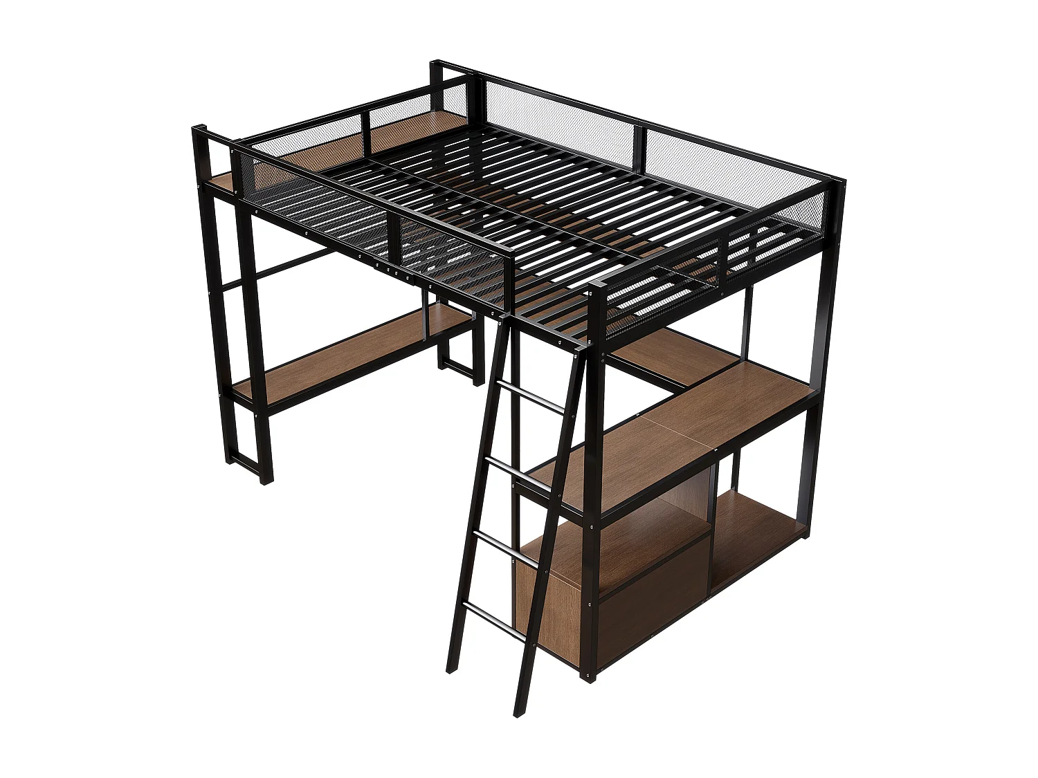 Lit mezzanine en métal pour enfant - 140 x 200 cm - avec bureau intégré + Leds + rangements - noir