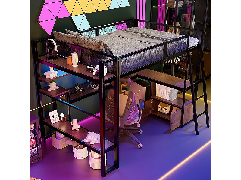 Cama alta infantil de metal - 140 x 200 cm - con escritorio integrado + LED + almacenaje - negra