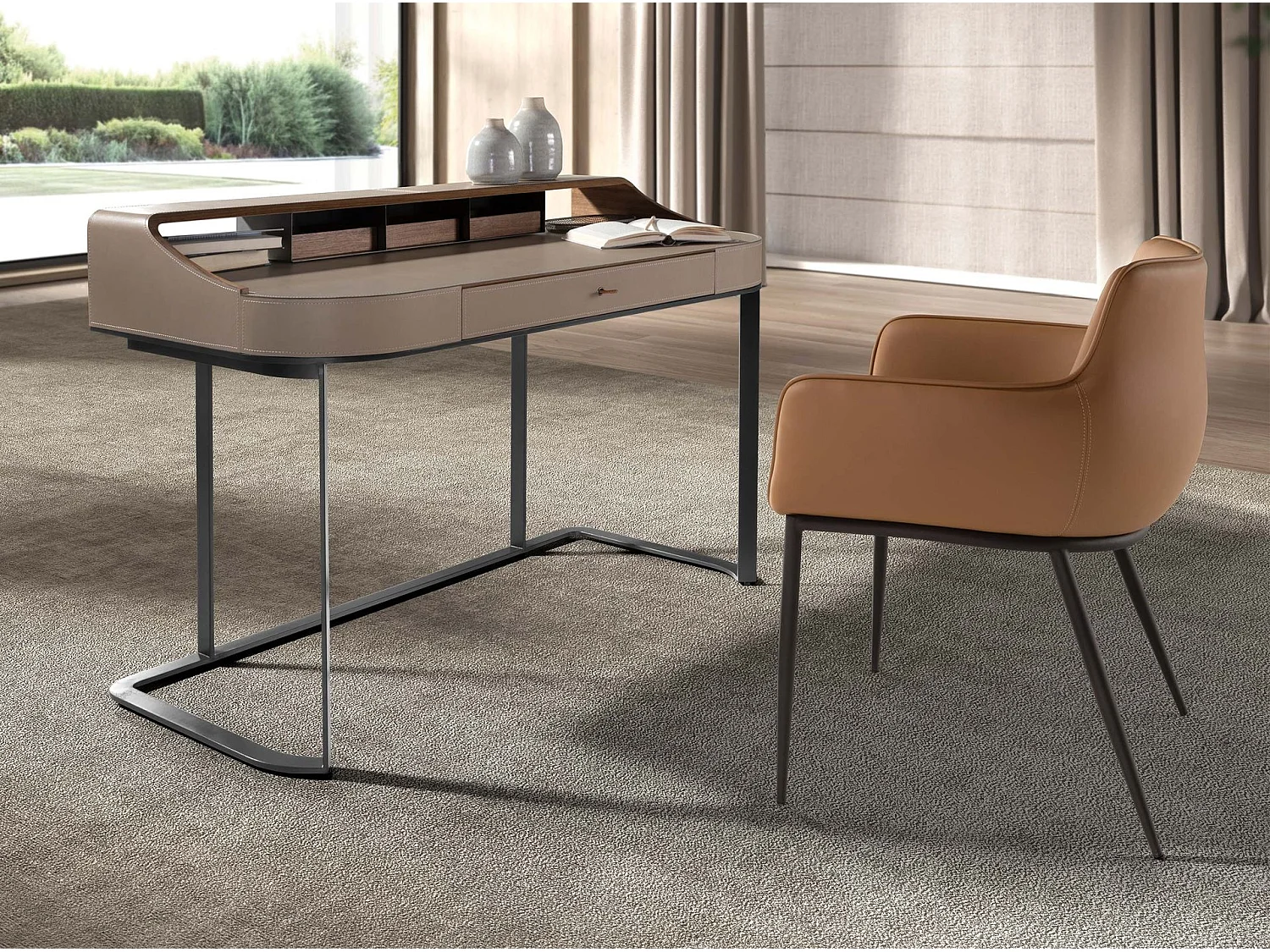 Schminktisch aus Kunstleder, Nussbaum und grauem Stahl 3279 ANGEL CERDA