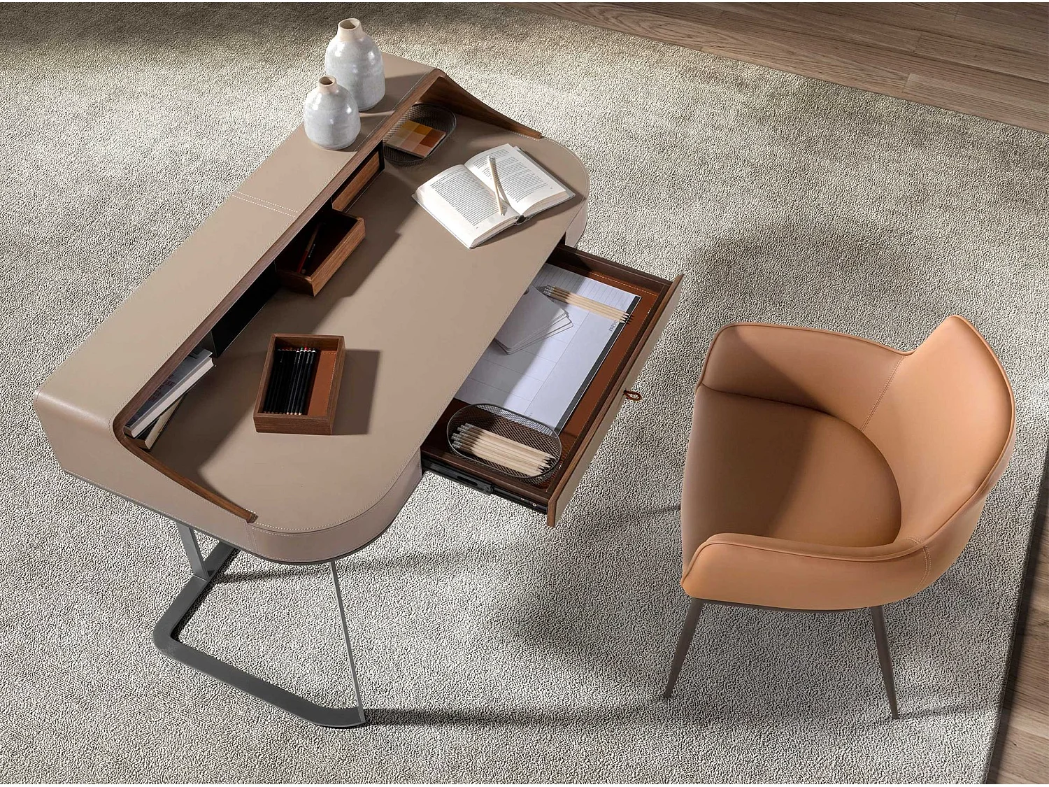 Schminktisch aus Kunstleder, Nussbaum und grauem Stahl 3279 ANGEL CERDA