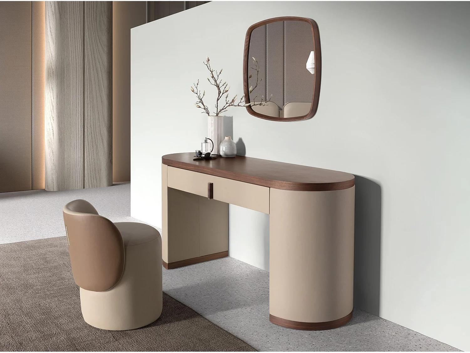 Schminktisch aus Kunstleder, Nussbaum und Holz mit visonfarbenem Kunstleder bezogen 7220 ANGEL CERDA
