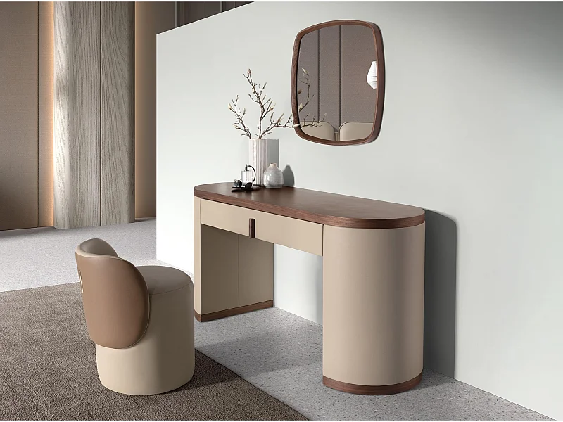 Schminktisch aus Kunstleder, Nussbaum und Holz mit visonfarbenem Kunstleder bezogen 7220 ANGEL CERDA