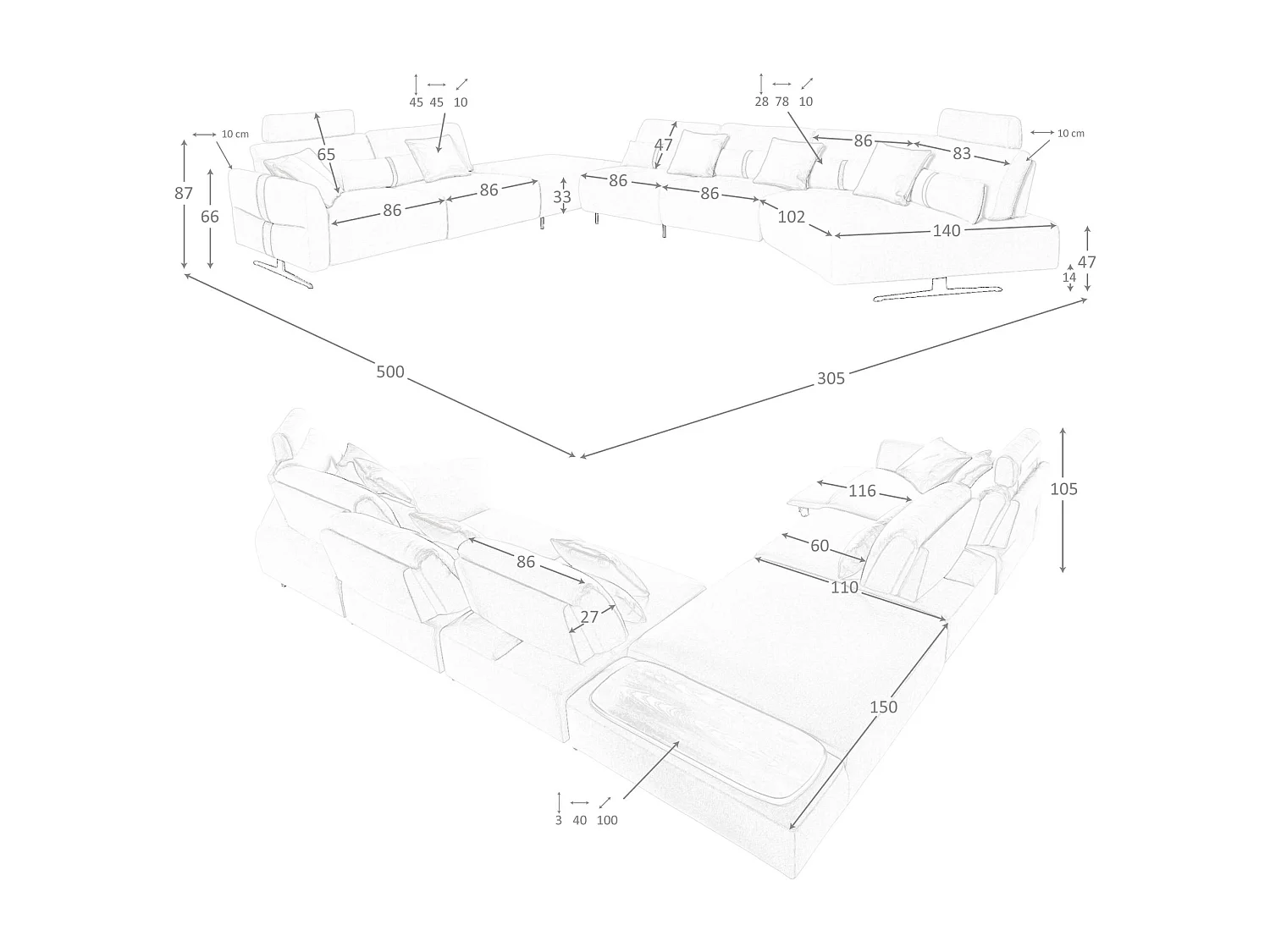Modulaire relaxbank met chaise longue links, stof zandkleurig 6274 ANGEL CERDA