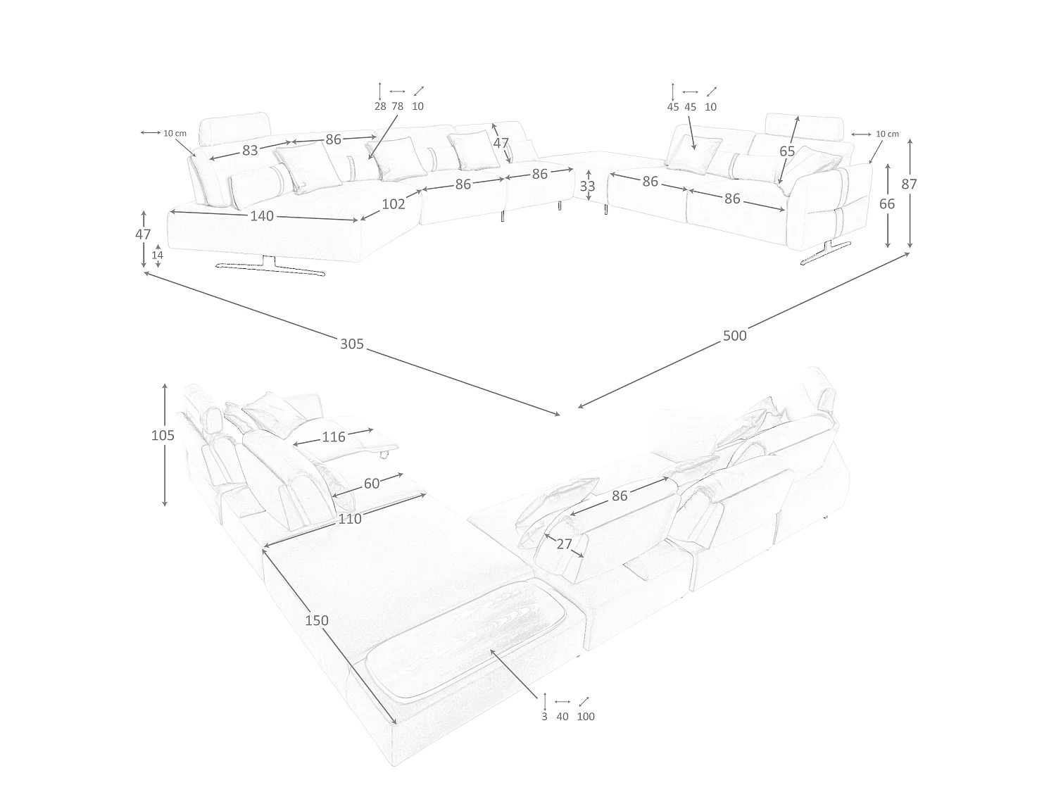 Modulaire relaxbank met chaise longue links, stof zandkleurig 6274 ANGEL CERDA