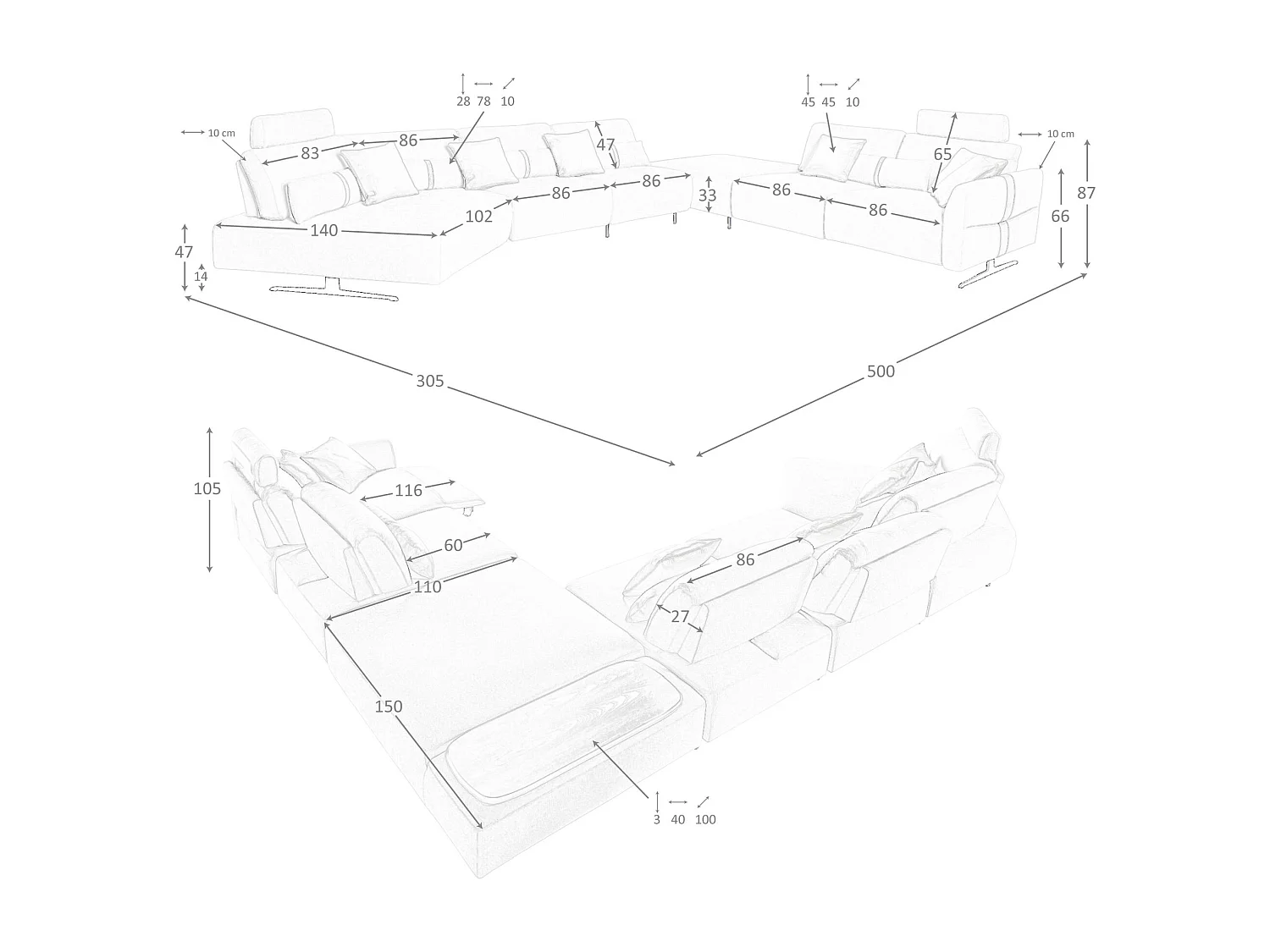 Modulares Relax-Sofa mit Chaiselongue rechts, Stoff in Sandfarbe 6273 ANGEL CERDA