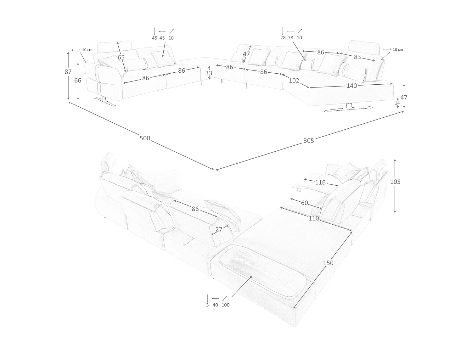 Canapé chaise longue relax modulable droit tissu sable 6273 ANGEL CERDA