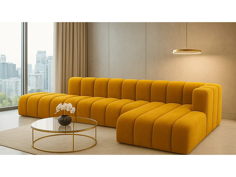 Divano angolare con pouf GRAND L, tessuto Salvador, giallo, a destra