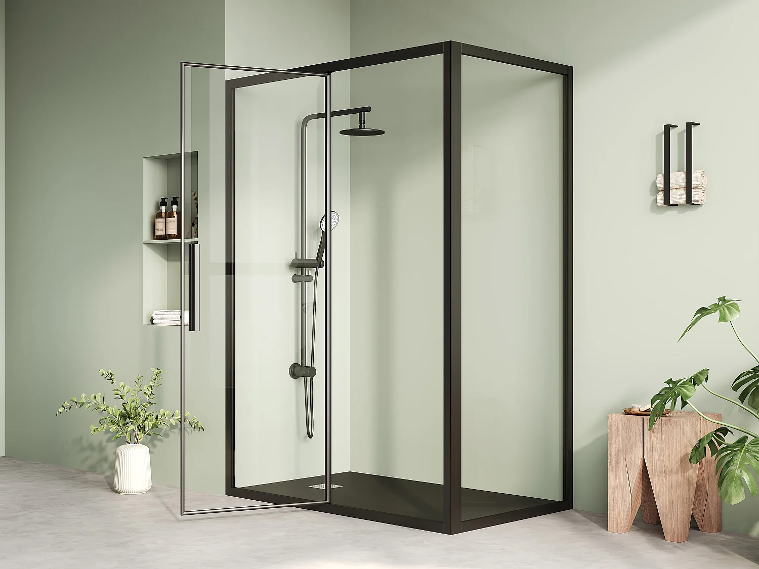 Paroi de douche avec porte pivotante noir mat style industriel - 140 x 80 x 195 cm - TORONI