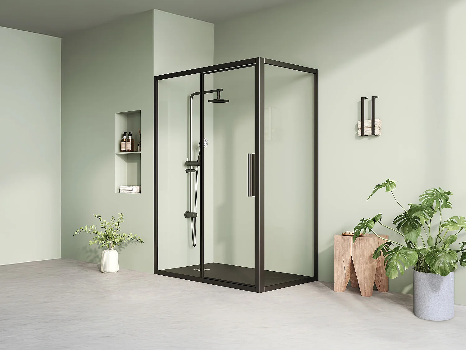 Paroi de douche avec porte pivotante noir mat style industriel - 140 x 80 x 195 cm - TORONI