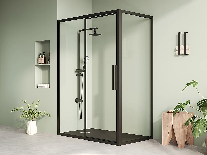 Paroi de douche avec porte pivotante noir mat style industriel - 140 x 80 x 195 cm - TORONI