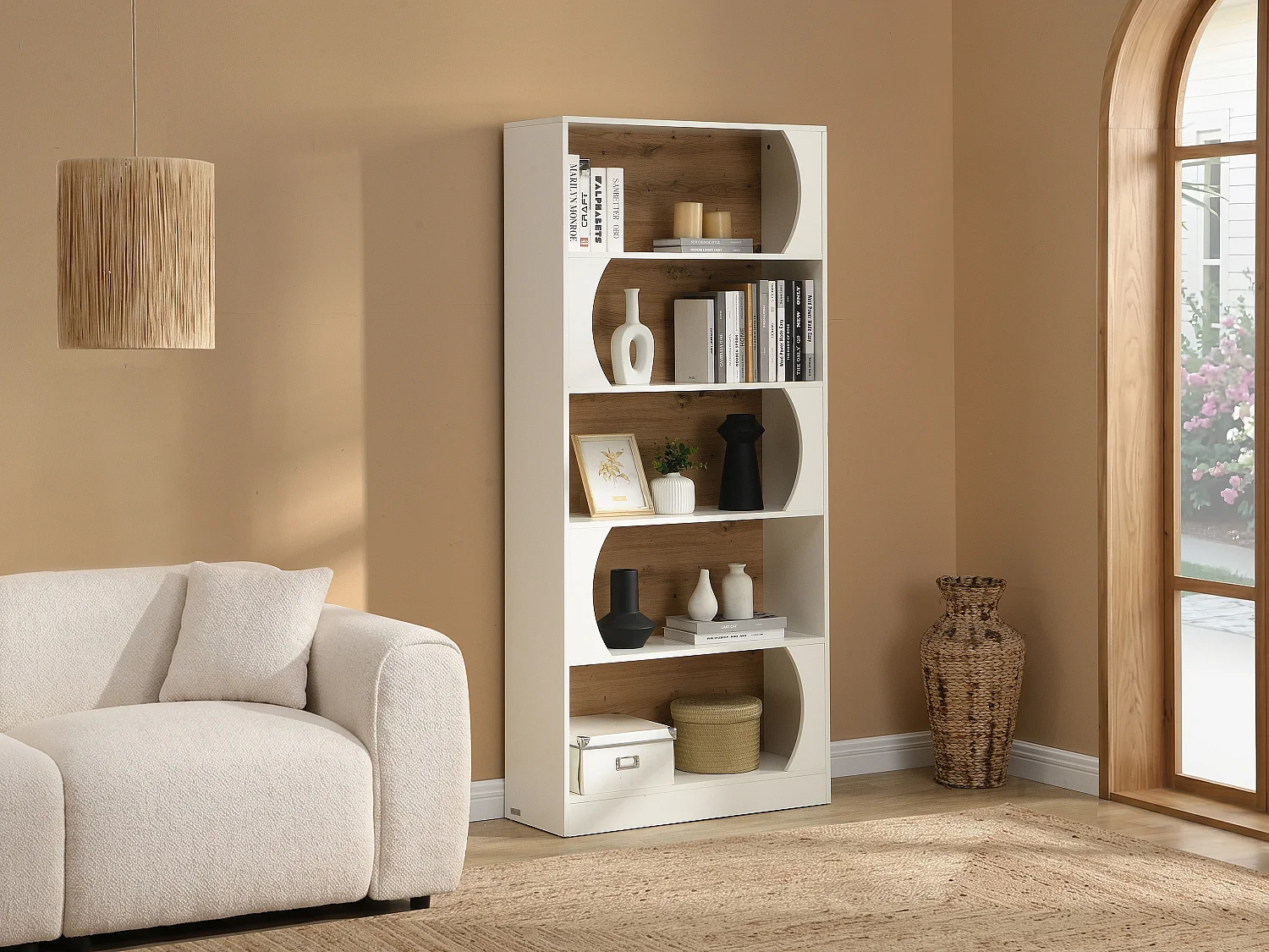 Bibliothèque avec 5 niches en MDF - Blanc et naturel clair - FARENZA